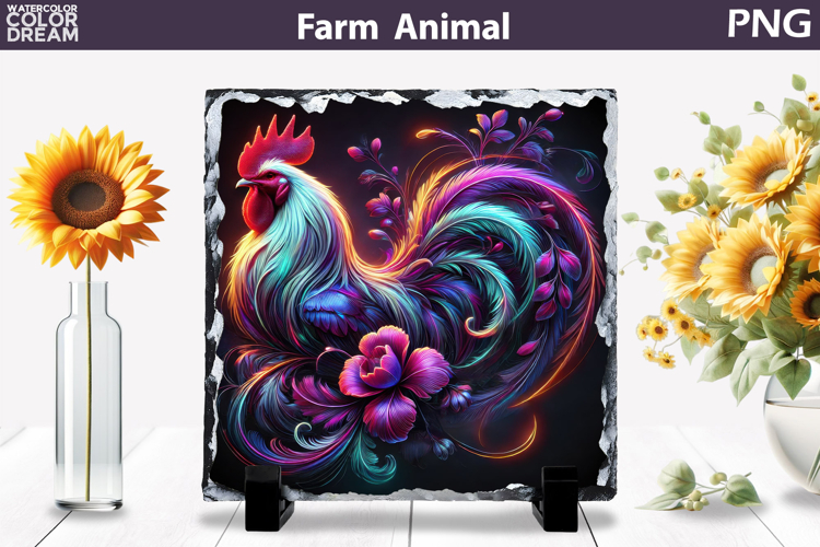 Neon Rooster Floral Art | Colorful Farm Print