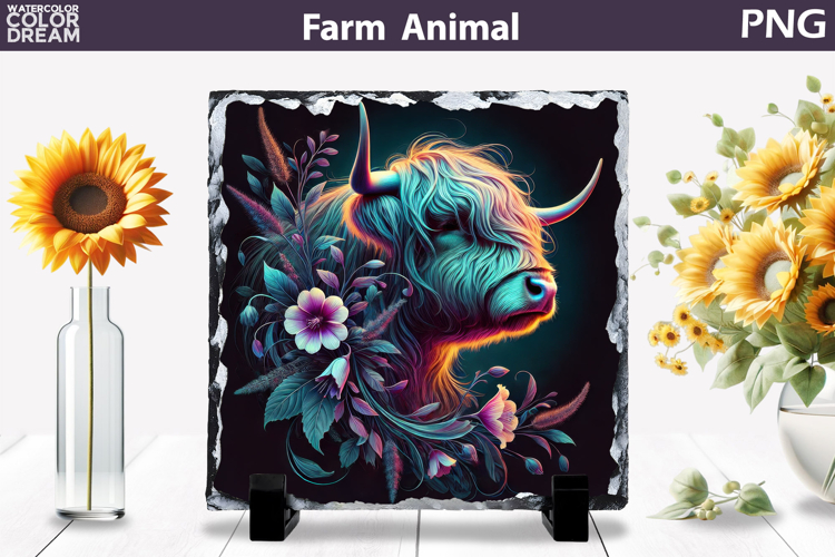 Neon Highland Cow Floral Art | Farm Sublimation