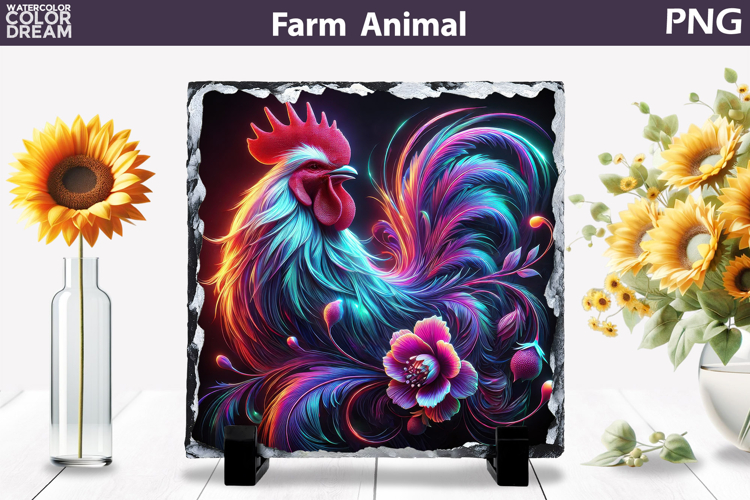 Neon Rooster Floral Art | Colorful Farm Sublimation