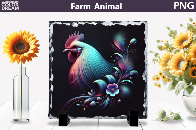 Neon Rooster Floral Art | Colorful Farm Sublimation