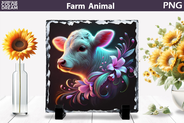 Neon Calf Floral Art | Cute Cow Farm Sublimation