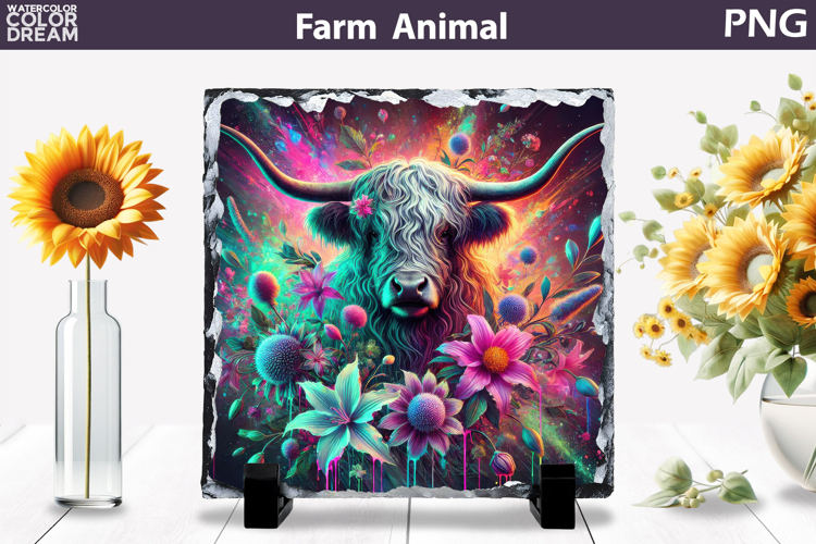 Highland Cow Floral Art | Colorful Farm Animal Print