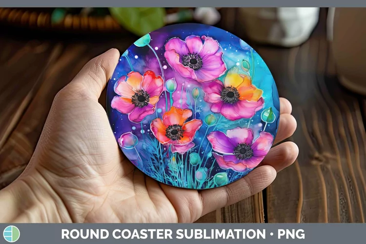 Neon Flowers Anemone Round Coaster Sublimation Coaster Desig
