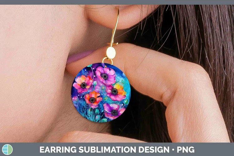 Neon Flowers Anemone Round Earrings Sublimation Earrings Des