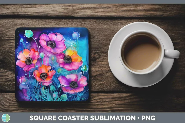 Neon Flowers Anemone Square Coaster Sublimation Coaster Desi