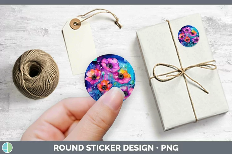Neon Flowers Anemone Stickers | Round Labels Designs