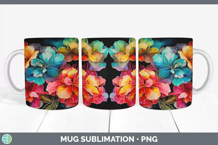 Neon Flowers Begonia Mug Wrap Sublimation Coffee Cup Designs