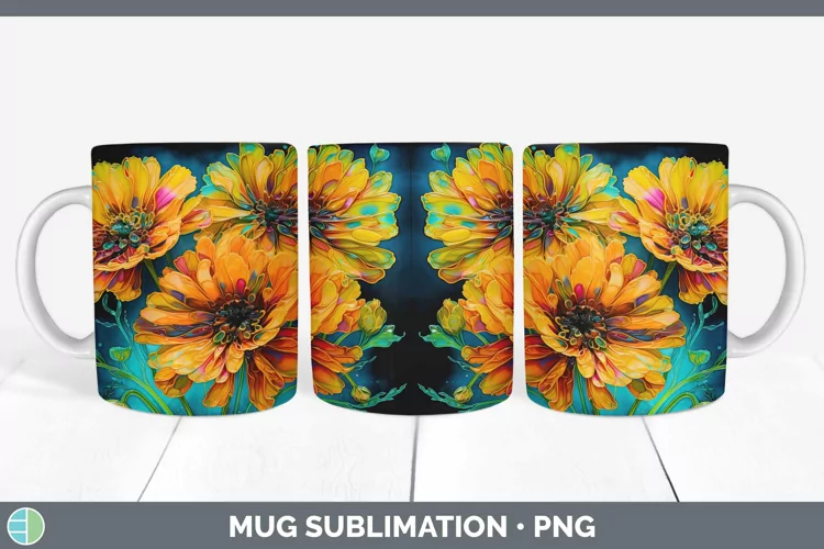 Neon Flowers Calendula Mug Wrap Sublimation Coffee Cup Desig
