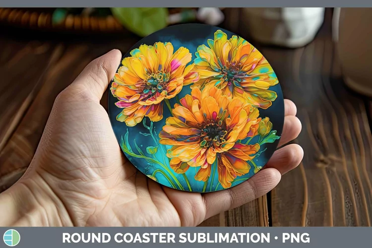 Neon Flowers Calendula Round Coaster Sublimation Coaster Des