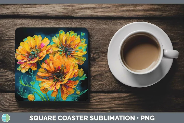 Neon Flowers Calendula Square Coaster Sublimation Coaster De