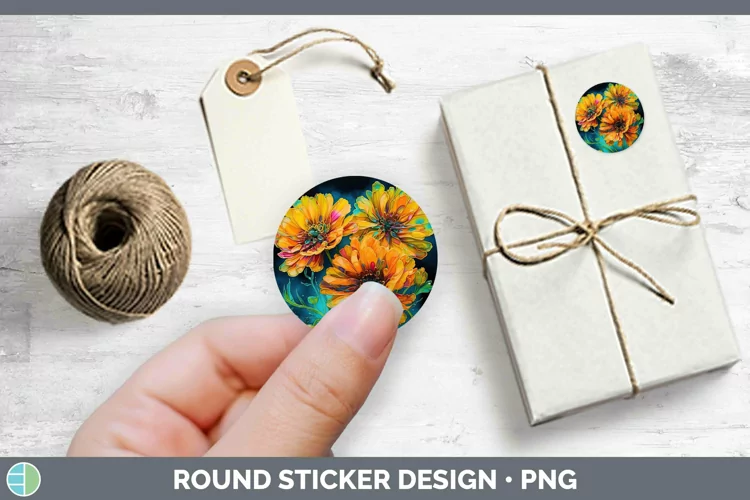 Neon Flowers Calendula Stickers | Round Labels Designs