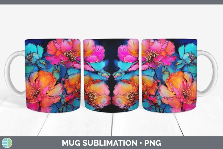 Neon Flowers Camellia Mug Wrap Sublimation Coffee Cup Design