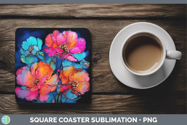 Neon Flowers Camellia Square Coaster Sublimation Coaster Des