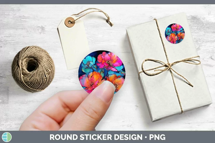 Neon Flowers Camellia Stickers | Round Labels Designs