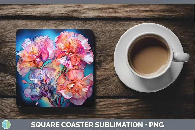 Neon Flowers Carnation Square Coaster Sublimation Coaster De