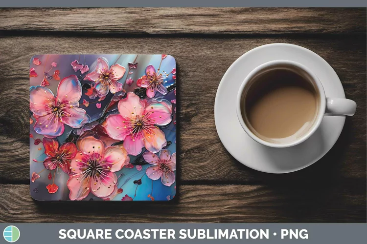 Neon Flowers Cherry Blossom Square Coaster Sublimation Coast