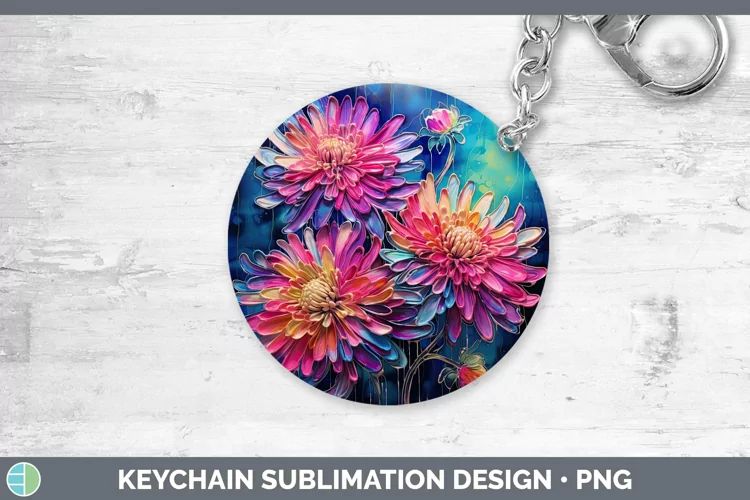 Neon Flowers Chrysanthemum Keychain Sublimation Keyring Desi