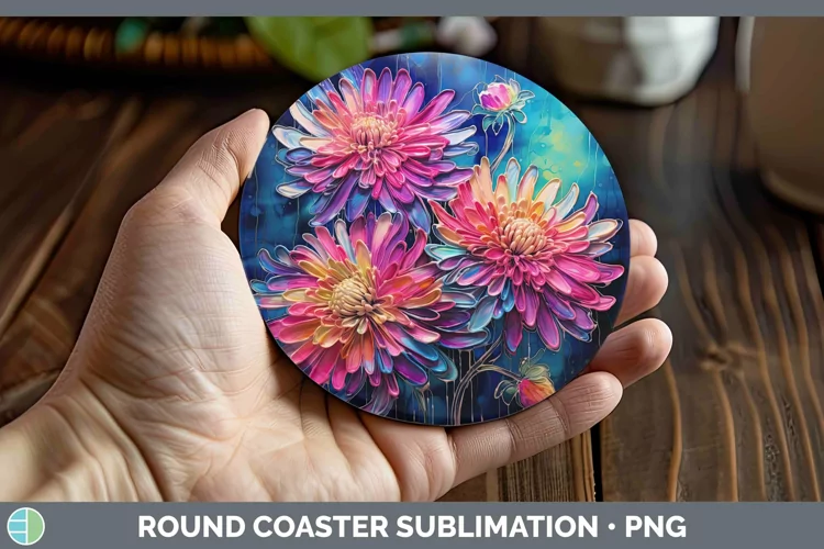 Neon Flowers Chrysanthemum Round Coaster Sublimation Coaster