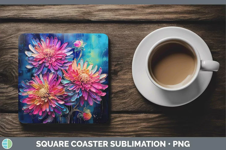 Neon Flowers Chrysanthemum Square Coaster Sublimation Coaste