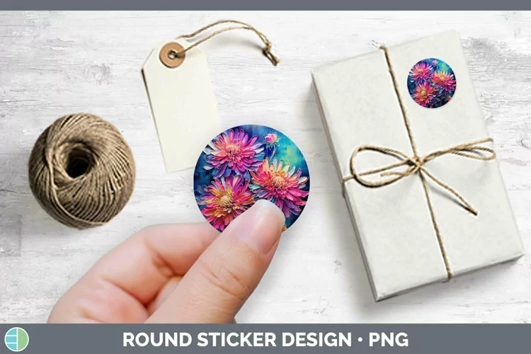Neon Flowers Chrysanthemum Stickers | Round Labels Designs