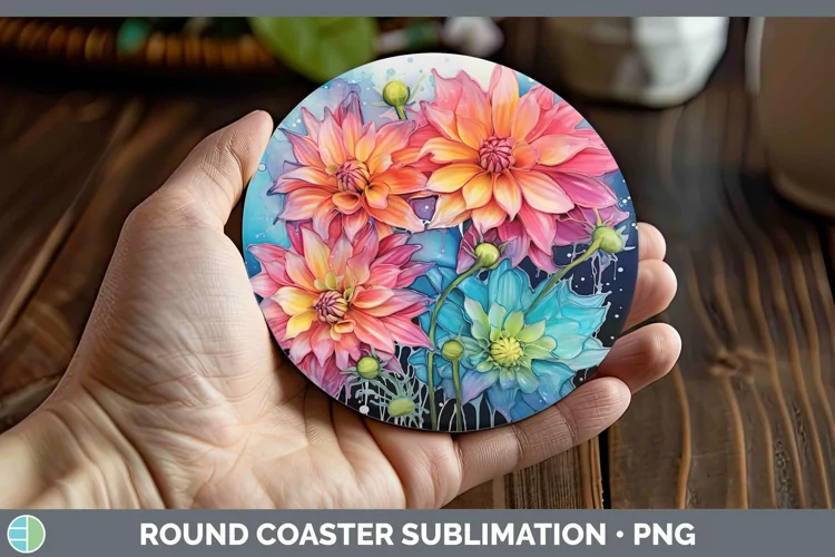 Neon Flowers Dahlia Round Coaster Sublimation Coaster Design