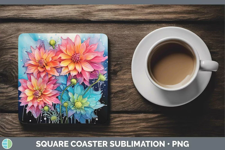 Neon Flowers Dahlia Square Coaster Sublimation Coaster Desig