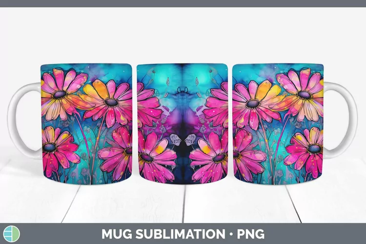 Neon Flowers Daisy Mug Wrap Sublimation Coffee Cup Designs