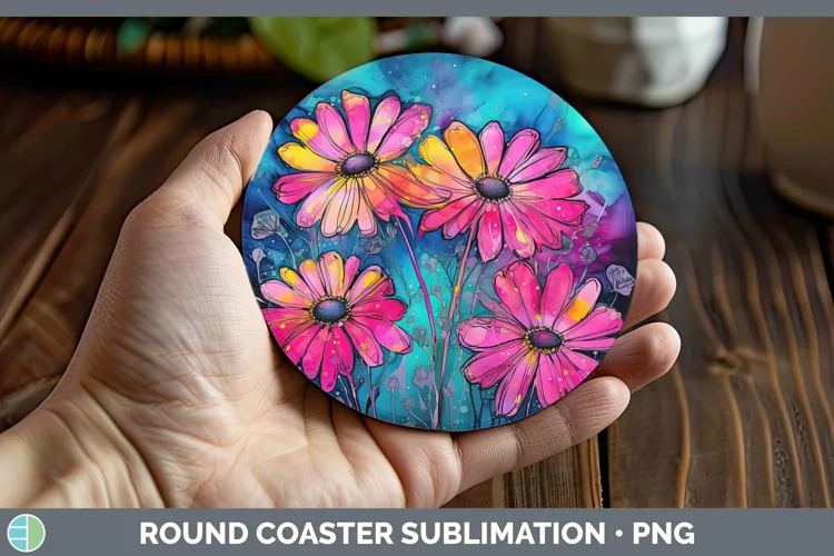 Neon Flowers Daisy Round Coaster Sublimation Coaster Designs