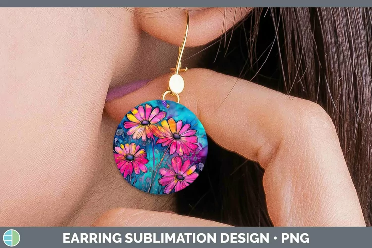 Neon Flowers Daisy Round Earrings Sublimation Earrings Desig