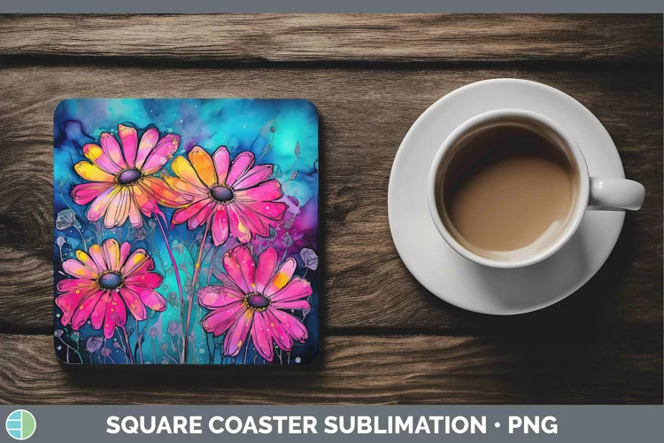 Neon Flowers Daisy Square Coaster Sublimation Coaster Design