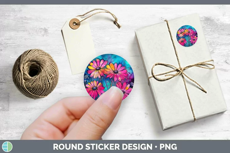 Neon Flowers Daisy Stickers | Round Labels Designs