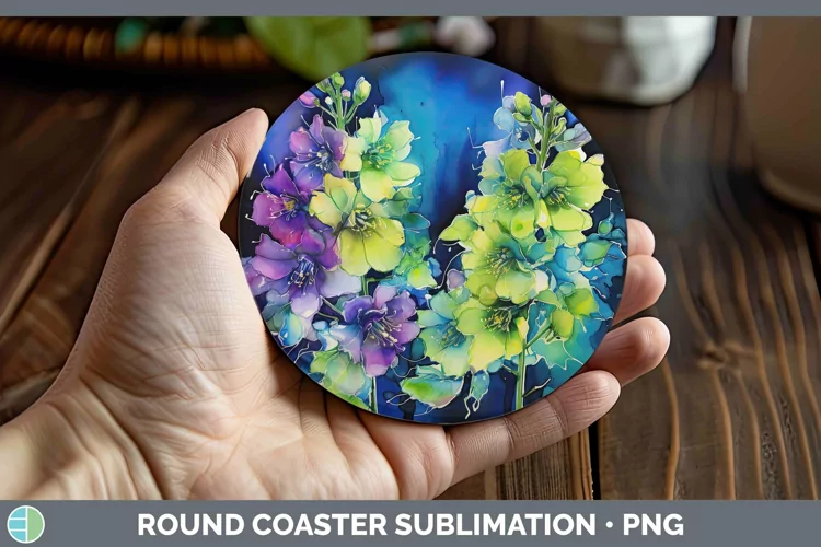 Neon Flowers Delphinium Round Coaster Sublimation Coaster De