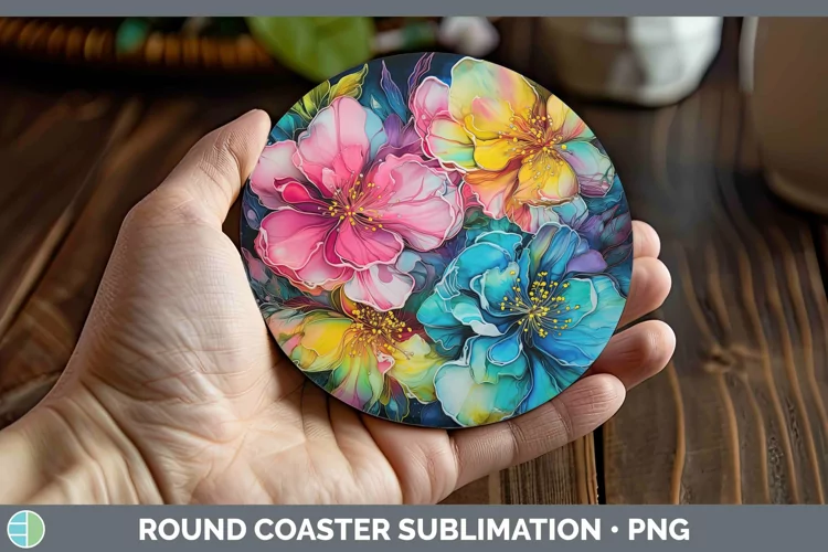 Neon Flowers Gardenia Round Coaster Sublimation Coaster Desi