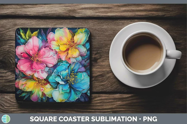 Neon Flowers Gardenia Square Coaster Sublimation Coaster Des