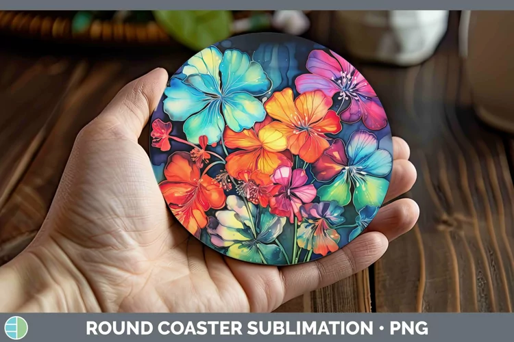 Neon Flowers Geranium Round Coaster Sublimation Coaster Desi