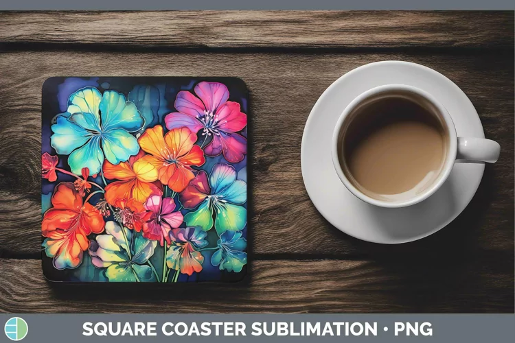 Neon Flowers Geranium Square Coaster Sublimation Coaster Des