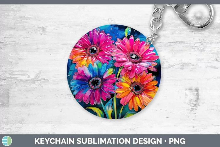 Neon Flowers Gerbera Daisy Keychain Sublimation Keyring Desi