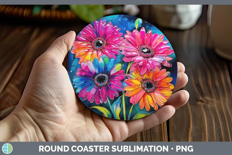 Neon Flowers Gerbera Daisy Round Coaster Sublimation Coaster