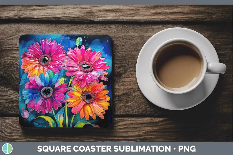 Neon Flowers Gerbera Daisy Square Coaster Sublimation Coaste