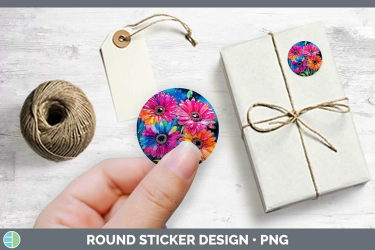 Neon Flowers Gerbera Daisy Stickers | Round Labels Designs