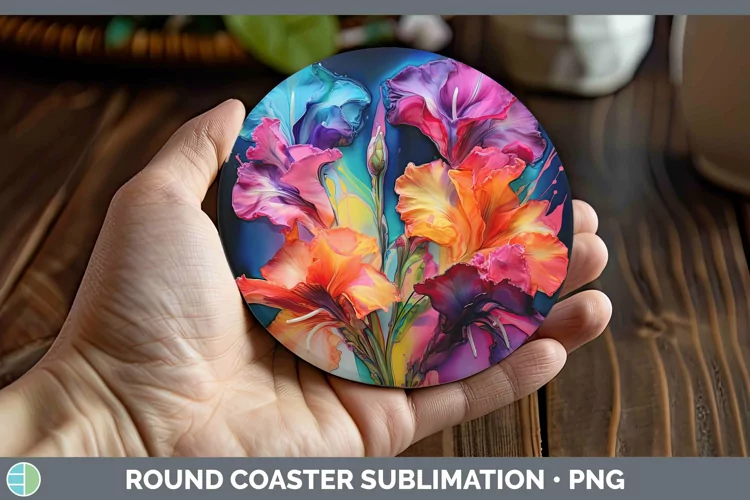 Neon Flowers Gladiolus Round Coaster Sublimation Coaster Des