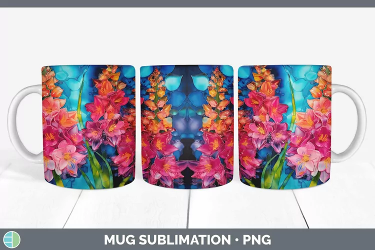 Neon Flowers Hyacinth Mug Wrap Sublimation Coffee Cup Design