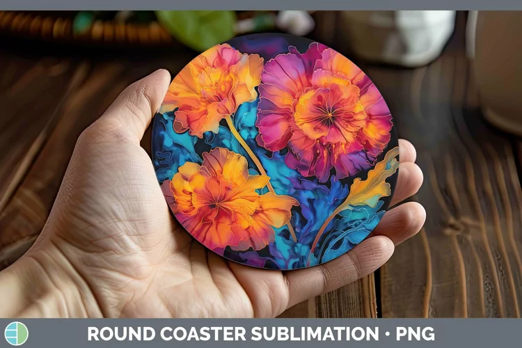 Neon Flowers Marigold Round Coaster Sublimation Coaster Desi