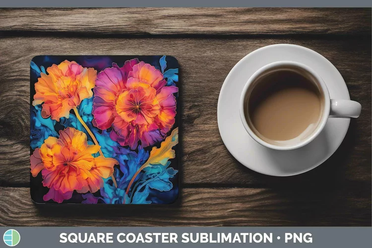 Neon Flowers Marigold Square Coaster Sublimation Coaster Des