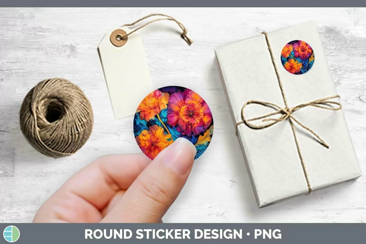 Neon Flowers Marigold Stickers | Round Labels Designs