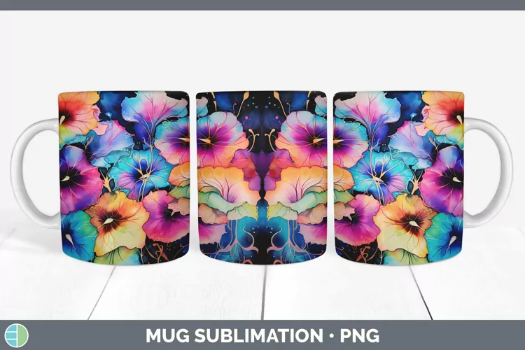 Neon Flowers Morning Glory Mug Wrap Sublimation Coffee Cup D