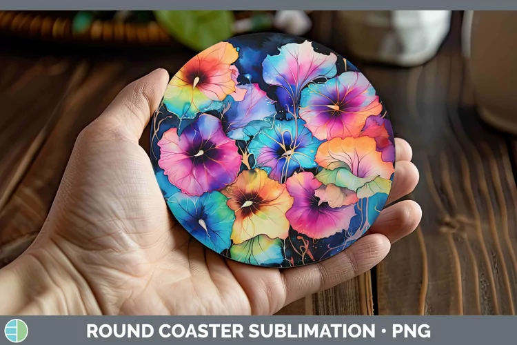 Neon Flowers Morning Glory Round Coaster Sublimation Coaster