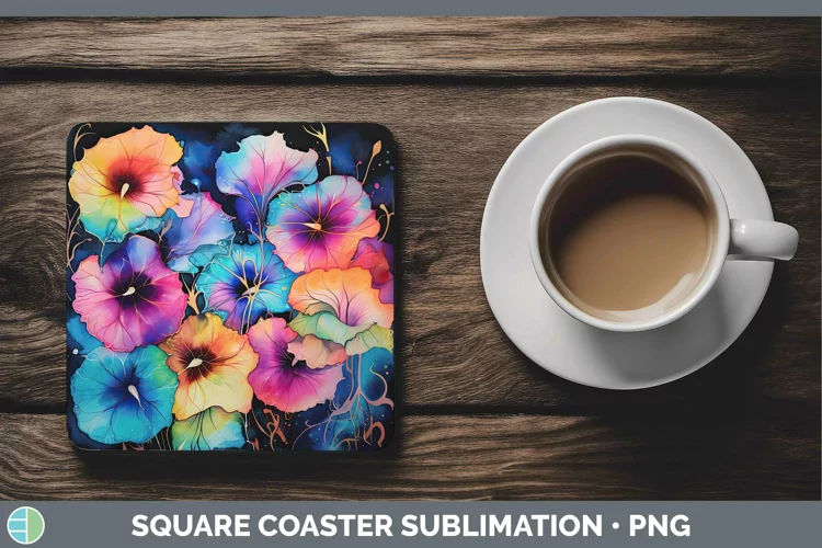 Neon Flowers Morning Glory Square Coaster Sublimation Coaste