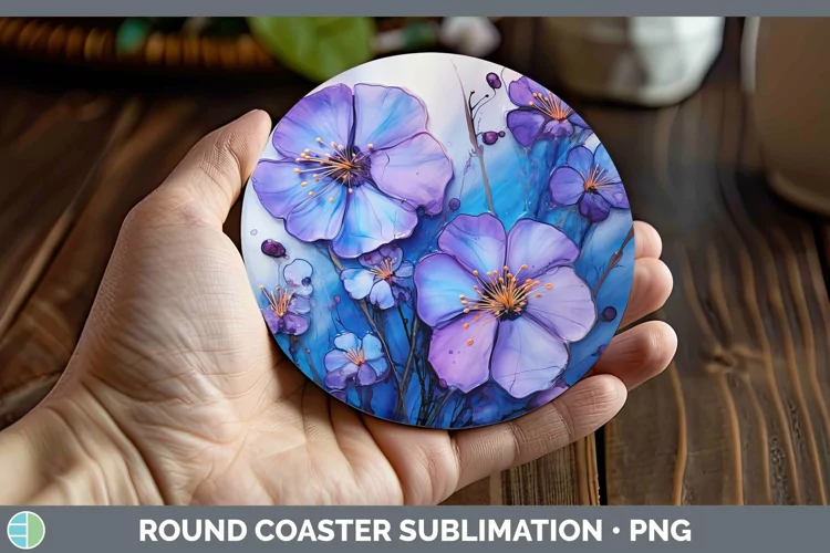Neon Flowers Periwinkle Round Coaster Sublimation Coaster De