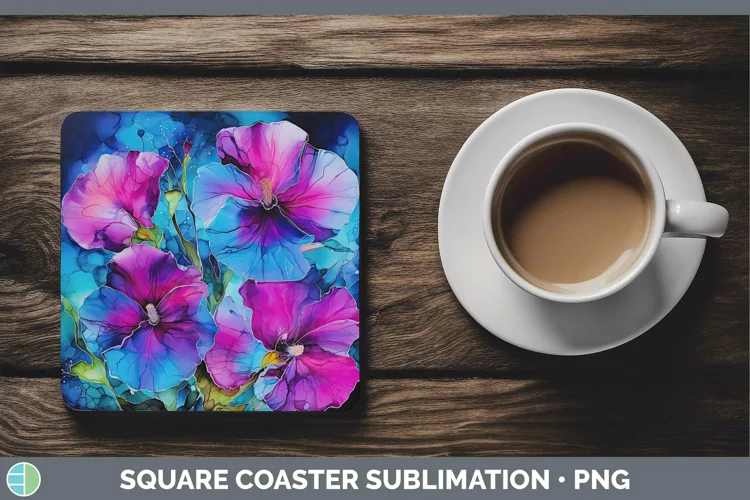 Neon Flowers Petunia Square Coaster Sublimation Coaster Desi